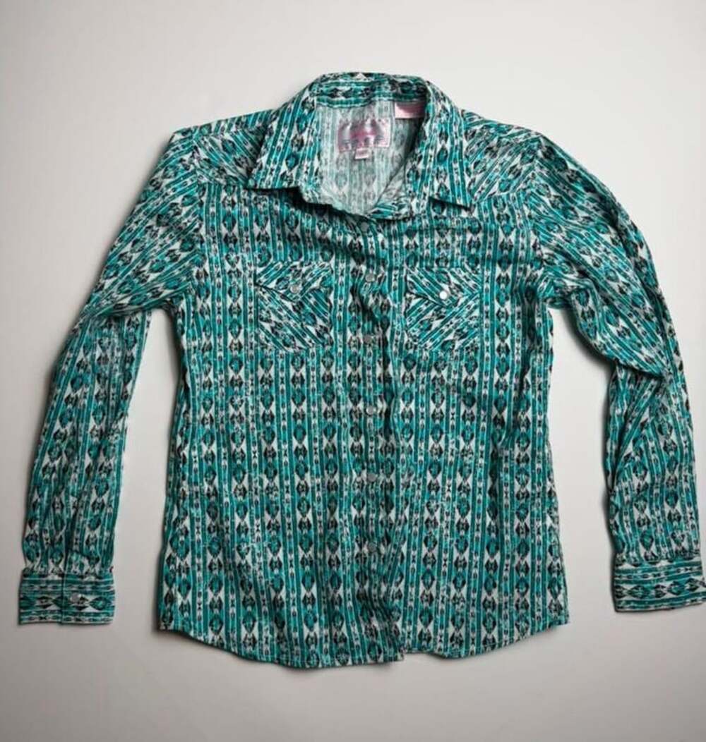 Panhandle Women’s Turquoise Aztec Western Pearl Snap Shirt Button Down Top XL